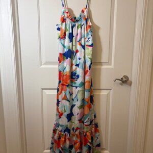 Colorful Floral Ruffle Hem Maxi Dress